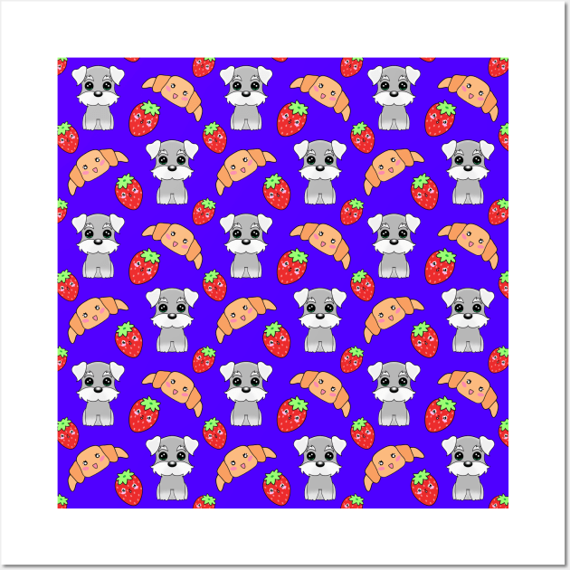 Cute happy funny baby puppy Schnauzers, sweet adorable yummy Kawaii croissants and red summer strawberries cartoon pattern Wall Art by BlaiseDesign